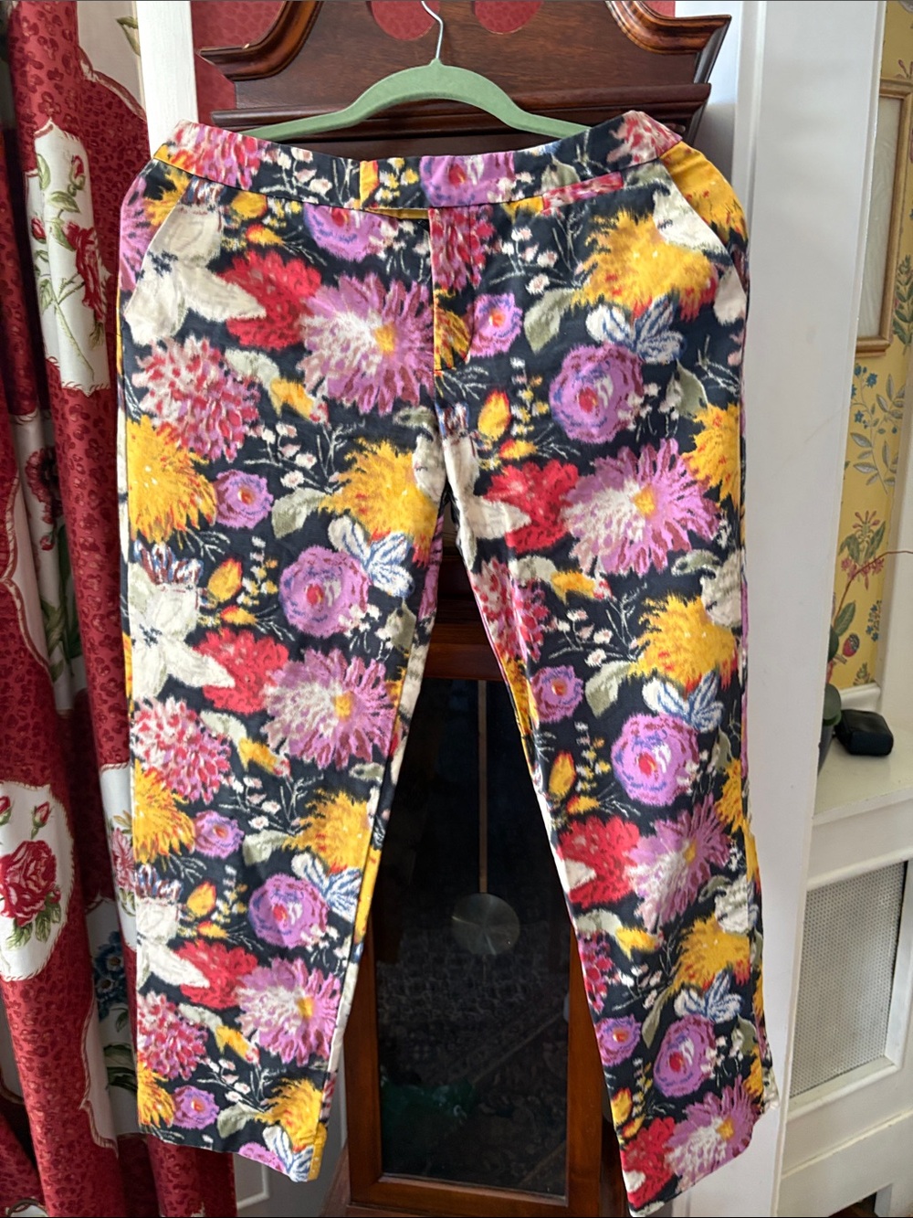 Anthropologie Black Floral Cropped Pants with Yellow, Pink & Purple Blooms